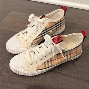 Burberry Beige Plaid Sneakers with Red Accents